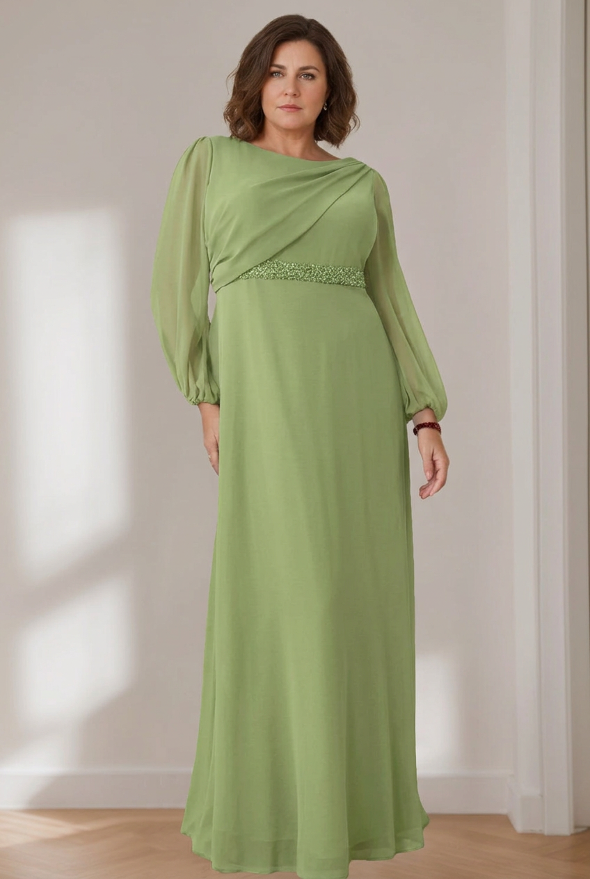 A-Line/Princess Scoop Long Sleeves Floor-Length Plus Size Mother of the Bride Dresses with Beaded, Pleated & Cascading Ruffles