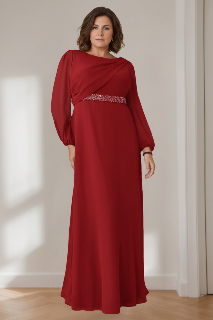 A-Line/Princess Scoop Long Sleeves Floor-Length Plus Size Mother of the Bride Dresses with Beaded, Pleated & Cascading Ruffles