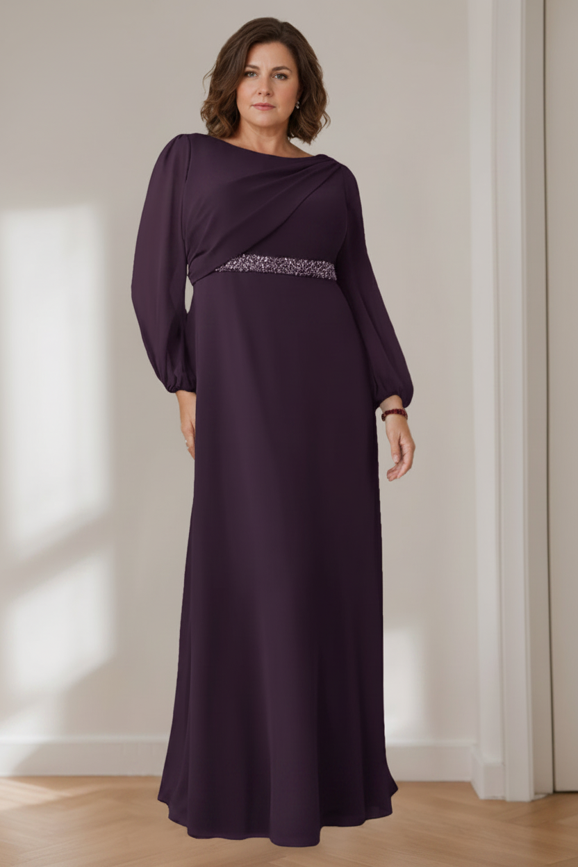A-Line/Princess Scoop Long Sleeves Floor-Length Plus Size Mother of the Bride Dresses with Beaded, Pleated & Cascading Ruffles