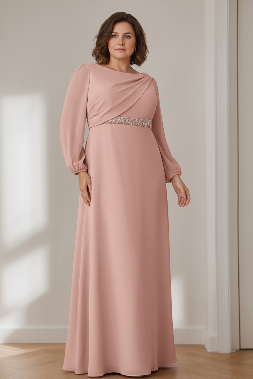 A-Line/Princess Scoop Long Sleeves Floor-Length Plus Size Mother of the Bride Dresses with Beaded, Pleated & Cascading Ruffles