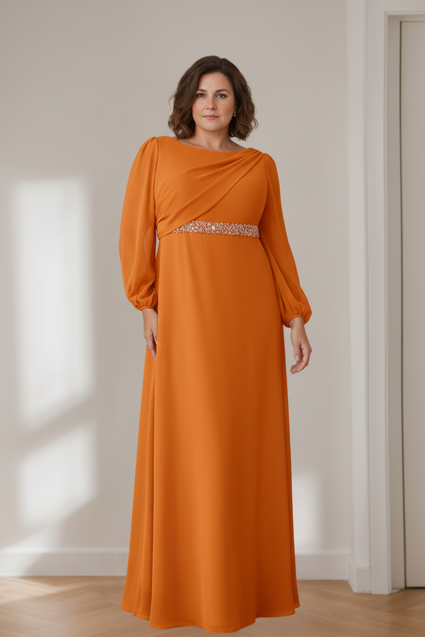 A-Line/Princess Scoop Long Sleeves Floor-Length Plus Size Mother of the Bride Dresses with Beaded, Pleated & Cascading Ruffles