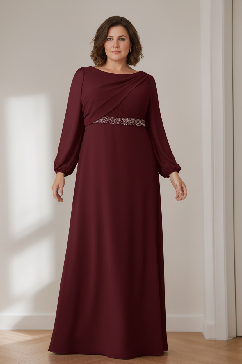 A-Line/Princess Scoop Long Sleeves Floor-Length Plus Size Mother of the Bride Dresses with Beaded, Pleated & Cascading Ruffles