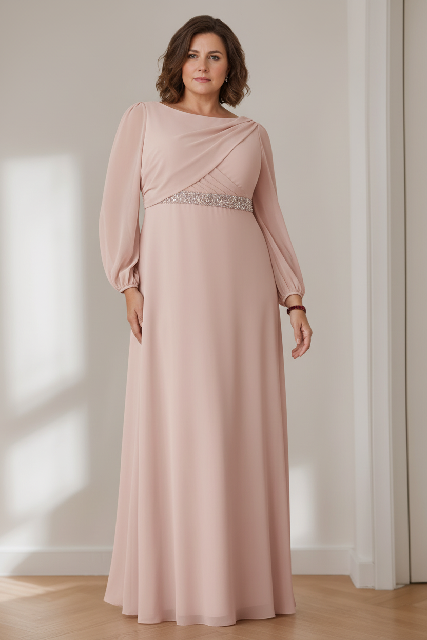 A-Line/Princess Scoop Long Sleeves Floor-Length Plus Size Mother of the Bride Dresses with Beaded, Pleated & Cascading Ruffles