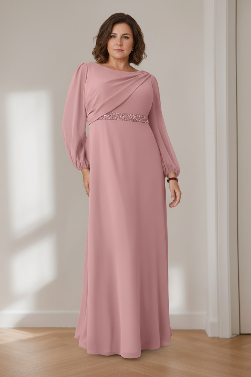 A-Line/Princess Scoop Long Sleeves Floor-Length Plus Size Mother of the Bride Dresses with Beaded, Pleated & Cascading Ruffles