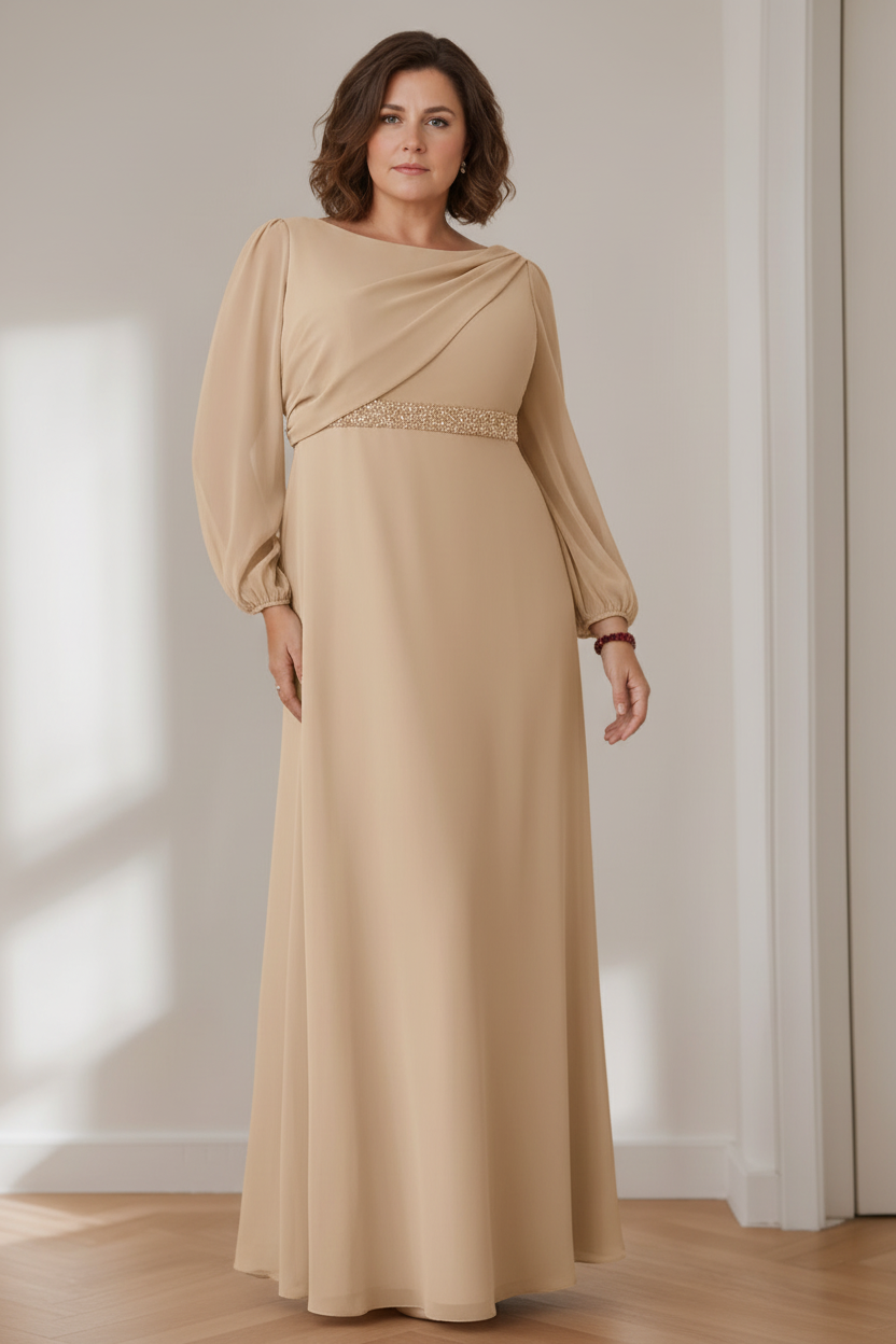A-Line/Princess Scoop Long Sleeves Floor-Length Plus Size Mother of the Bride Dresses with Beaded, Pleated & Cascading Ruffles