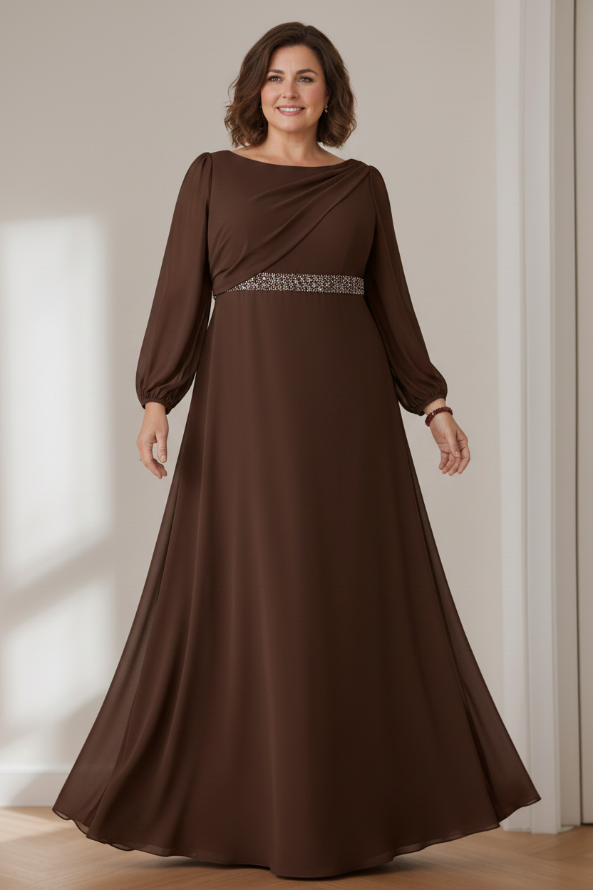 A-Line/Princess Scoop Long Sleeves Floor-Length Plus Size Mother of the Bride Dresses with Beaded, Pleated & Cascading Ruffles