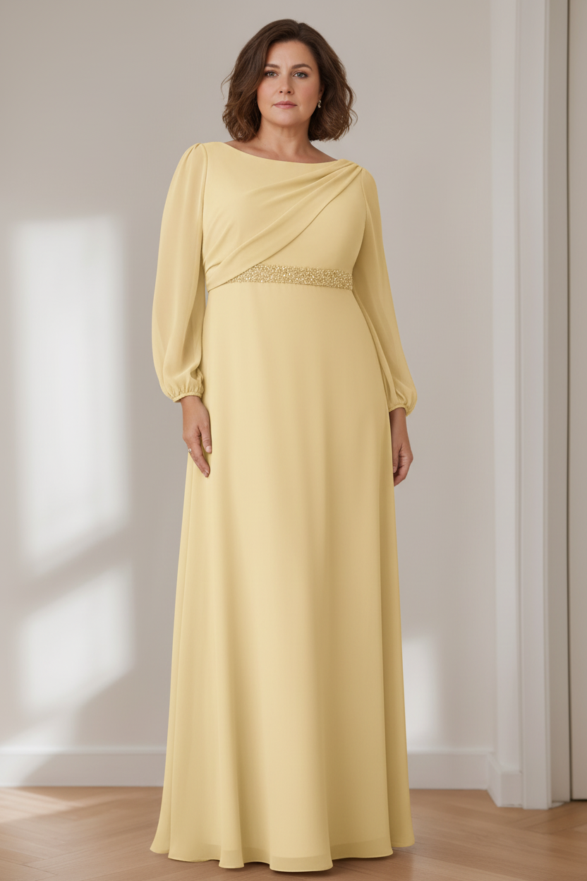 A-Line/Princess Scoop Long Sleeves Floor-Length Plus Size Mother of the Bride Dresses with Beaded, Pleated & Cascading Ruffles