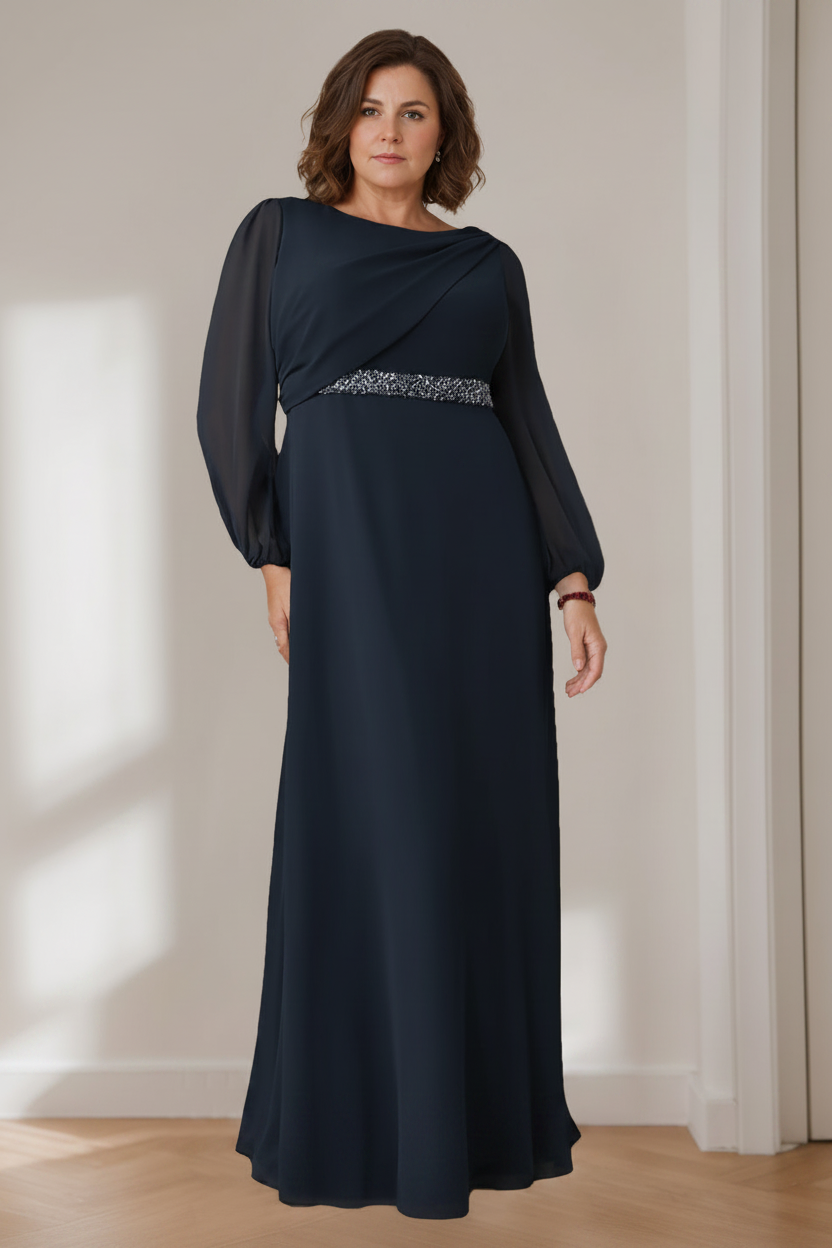 A-Line/Princess Scoop Long Sleeves Floor-Length Plus Size Mother of the Bride Dresses with Beaded, Pleated & Cascading Ruffles