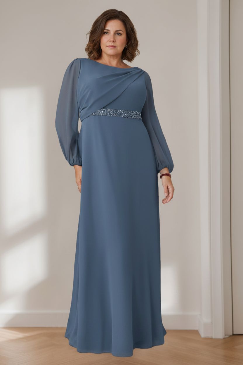 A-Line/Princess Scoop Long Sleeves Floor-Length Plus Size Mother of the Bride Dresses with Beaded, Pleated & Cascading Ruffles