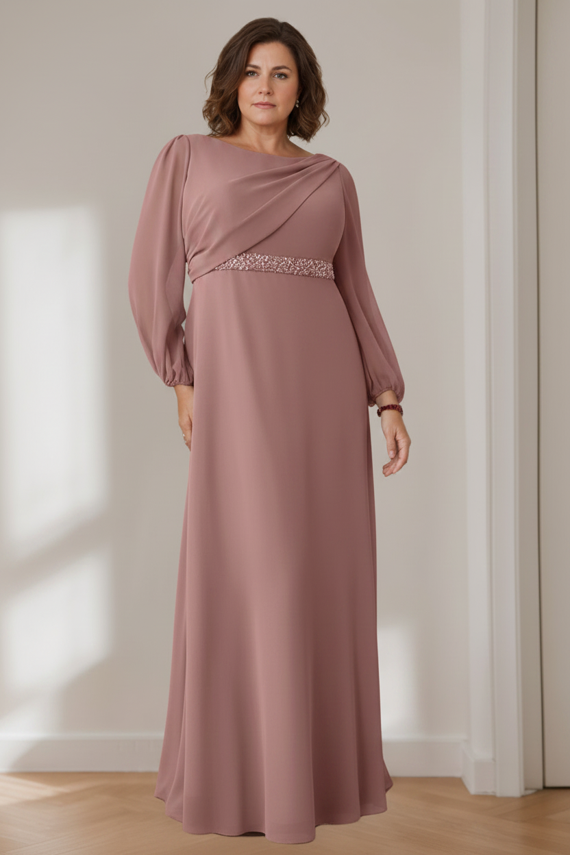 A-Line/Princess Scoop Long Sleeves Floor-Length Plus Size Mother of the Bride Dresses with Beaded, Pleated & Cascading Ruffles