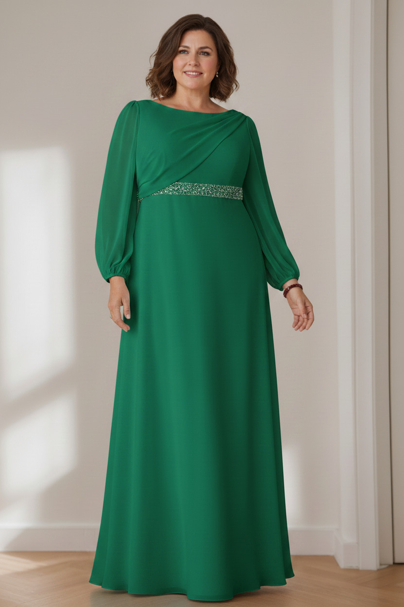 A-Line/Princess Scoop Long Sleeves Floor-Length Plus Size Mother of the Bride Dresses with Beaded, Pleated & Cascading Ruffles