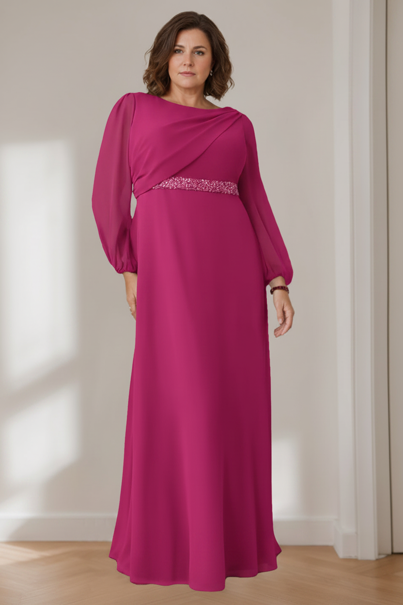 A-Line/Princess Scoop Long Sleeves Floor-Length Plus Size Mother of the Bride Dresses with Beaded, Pleated & Cascading Ruffles