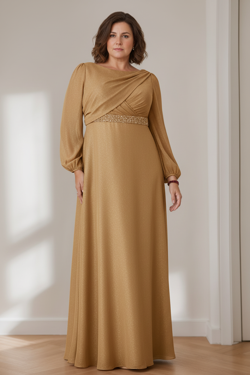 A-Line/Princess Scoop Long Sleeves Floor-Length Plus Size Mother of the Bride Dresses with Beaded, Pleated & Cascading Ruffles
