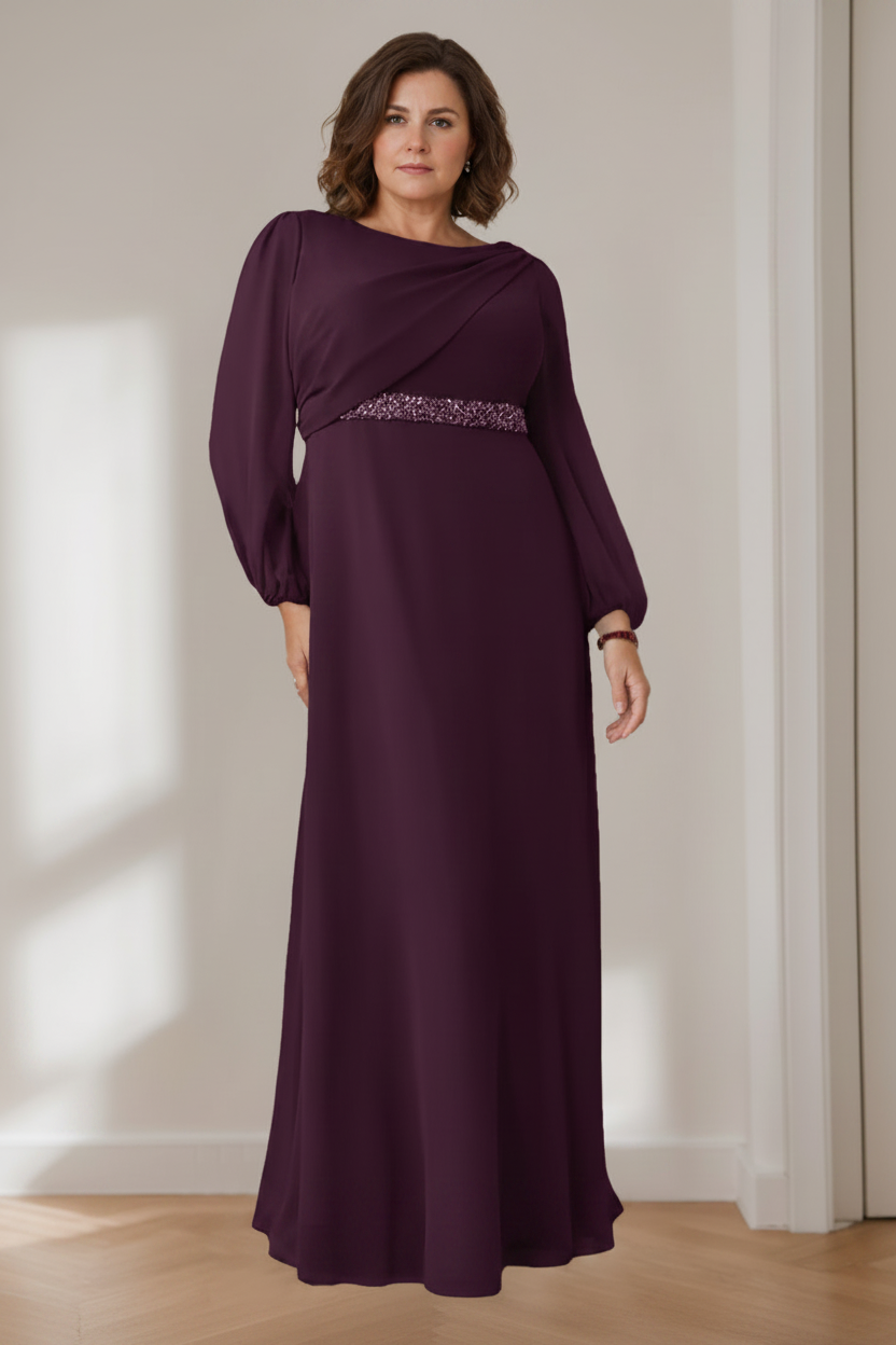 A-Line/Princess Scoop Long Sleeves Floor-Length Plus Size Mother of the Bride Dresses with Beaded, Pleated & Cascading Ruffles