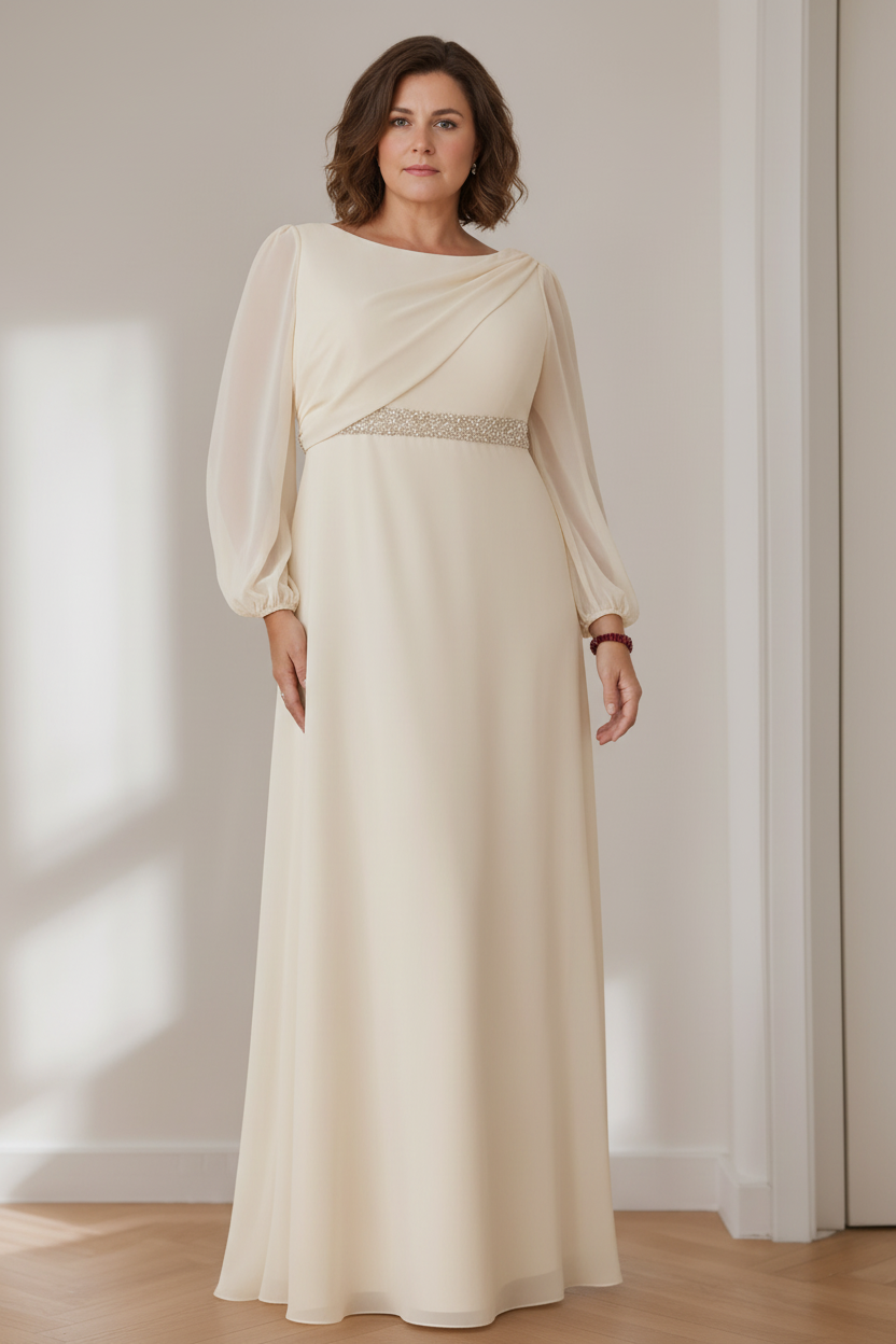 A-Line/Princess Scoop Long Sleeves Floor-Length Plus Size Mother of the Bride Dresses with Beaded, Pleated & Cascading Ruffles
