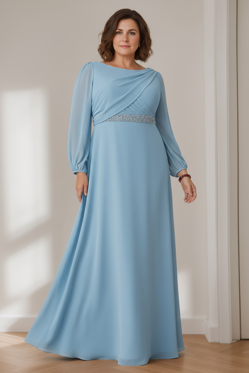 A-Line/Princess Scoop Long Sleeves Floor-Length Plus Size Mother of the Bride Dresses with Beaded, Pleated & Cascading Ruffles