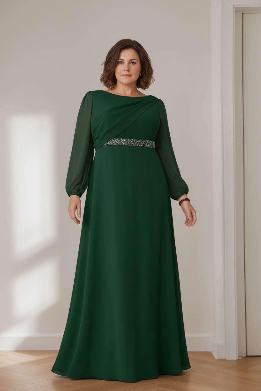 A-Line/Princess Scoop Long Sleeves Floor-Length Plus Size Mother of the Bride Dresses with Beaded, Pleated & Cascading Ruffles