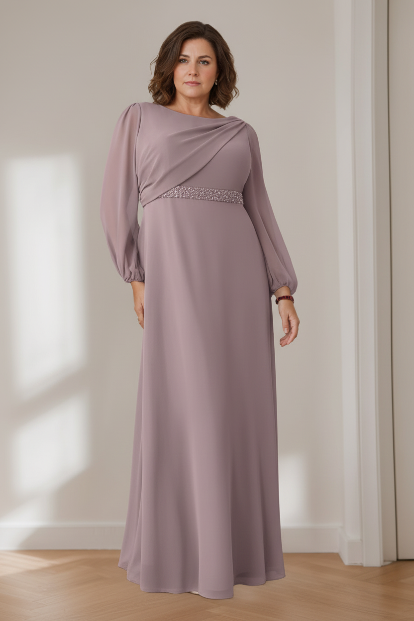 A-Line/Princess Scoop Long Sleeves Floor-Length Plus Size Mother of the Bride Dresses with Beaded, Pleated & Cascading Ruffles