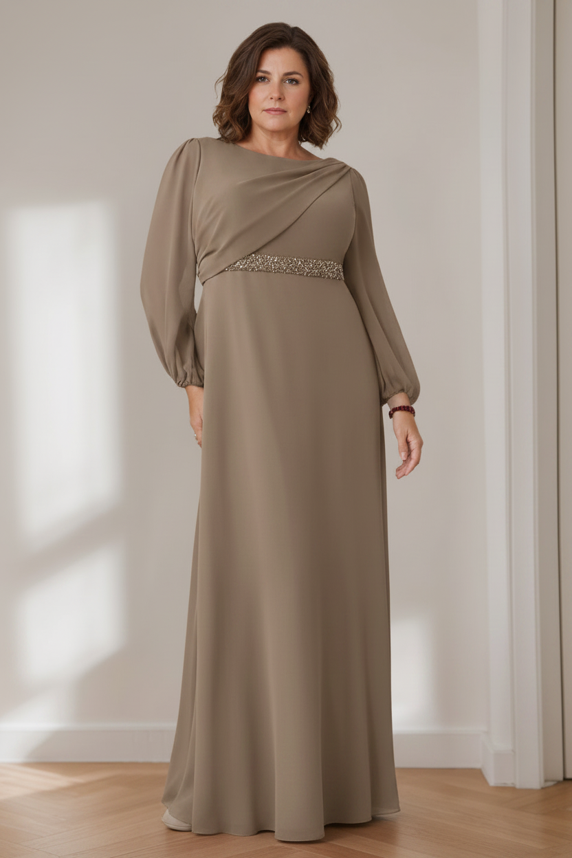 A-Line/Princess Scoop Long Sleeves Floor-Length Plus Size Mother of the Bride Dresses with Beaded, Pleated & Cascading Ruffles