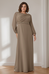 A-Line/Princess Scoop Long Sleeves Floor-Length Plus Size Mother of the Bride Dresses with Beaded, Pleated & Cascading Ruffles
