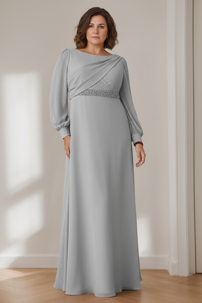 A-Line/Princess Scoop Long Sleeves Floor-Length Plus Size Mother of the Bride Dresses with Beaded, Pleated & Cascading Ruffles
