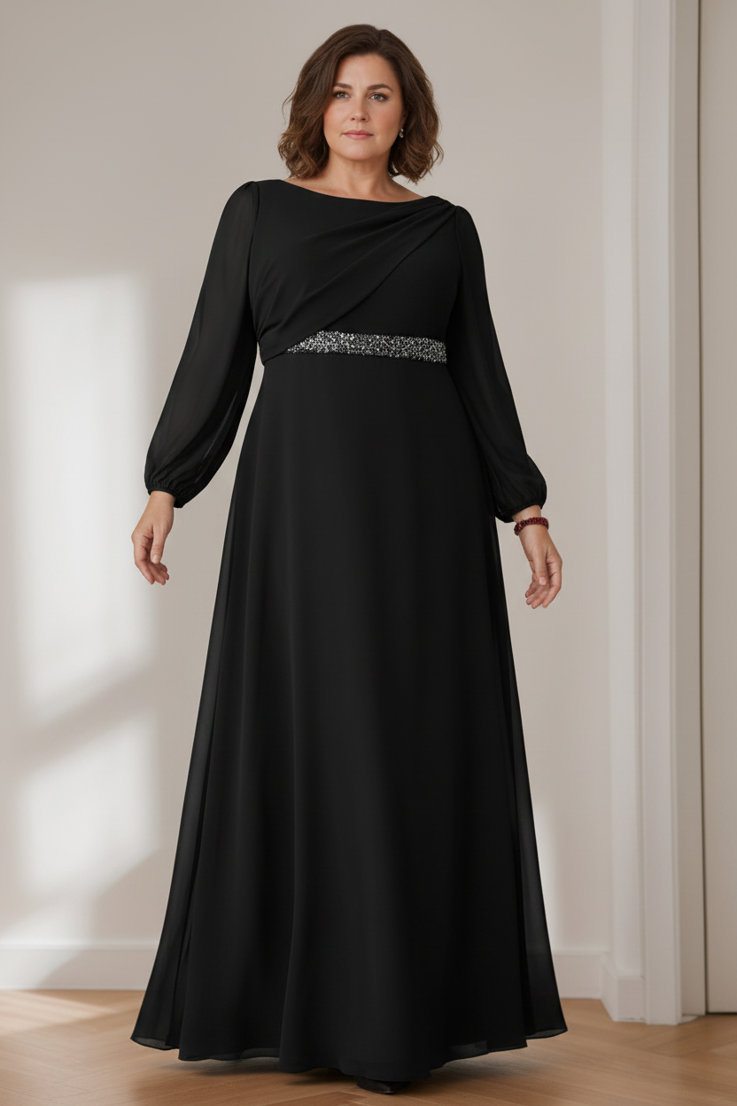 A-Line/Princess Scoop Long Sleeves Floor-Length Plus Size Mother of the Bride Dresses with Beaded, Pleated & Cascading Ruffles