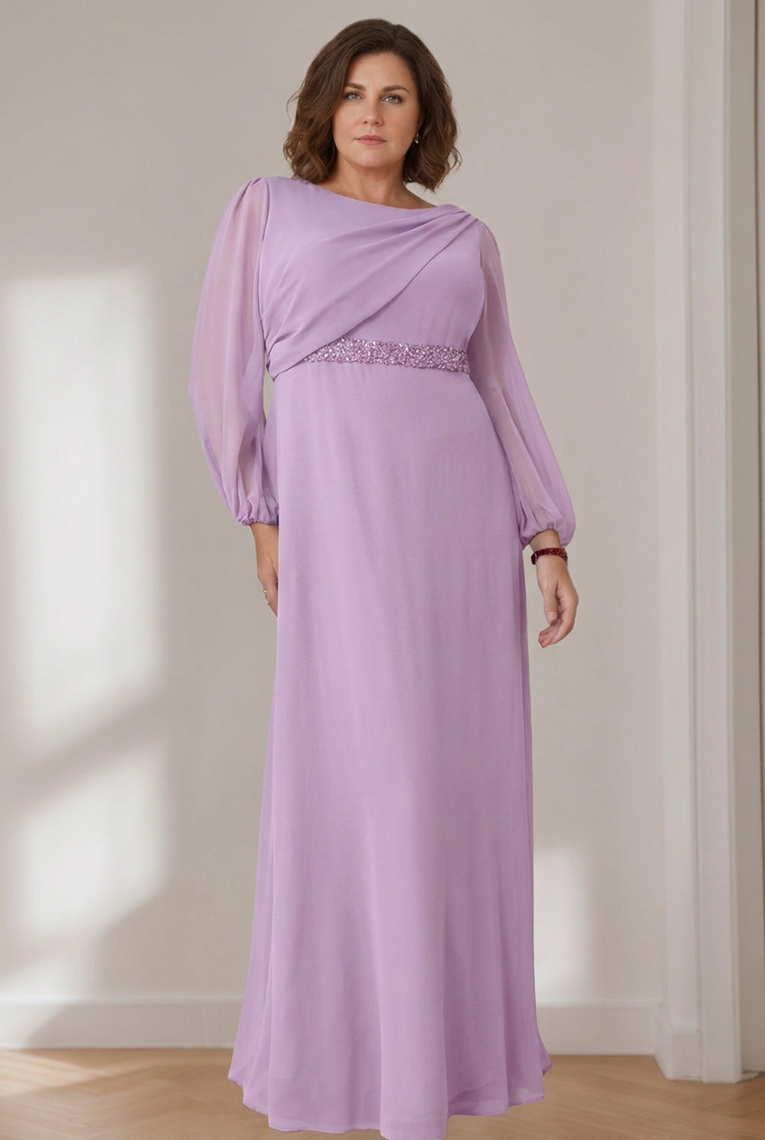 A-Line/Princess Scoop Long Sleeves Floor-Length Plus Size Mother of the Bride Dresses with Beaded, Pleated & Cascading Ruffles