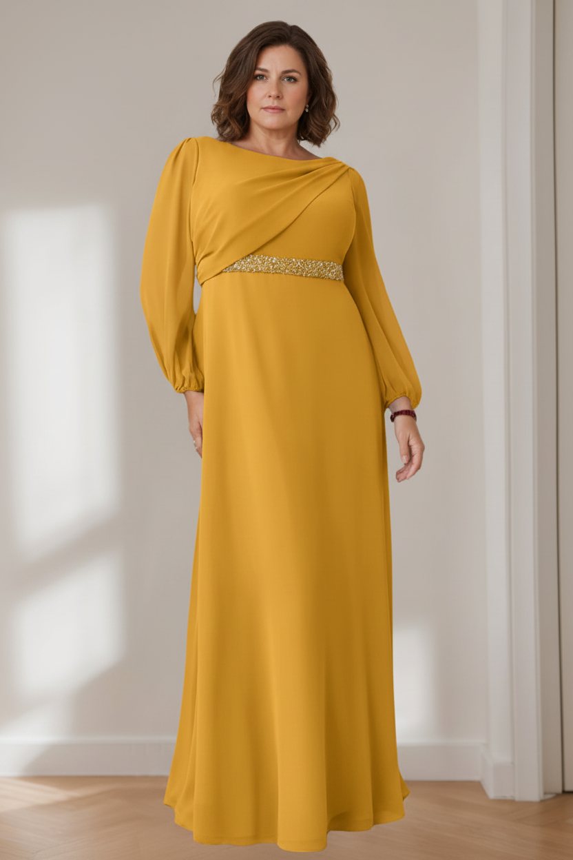 A-Line/Princess Scoop Long Sleeves Floor-Length Plus Size Mother of the Bride Dresses with Beaded, Pleated & Cascading Ruffles