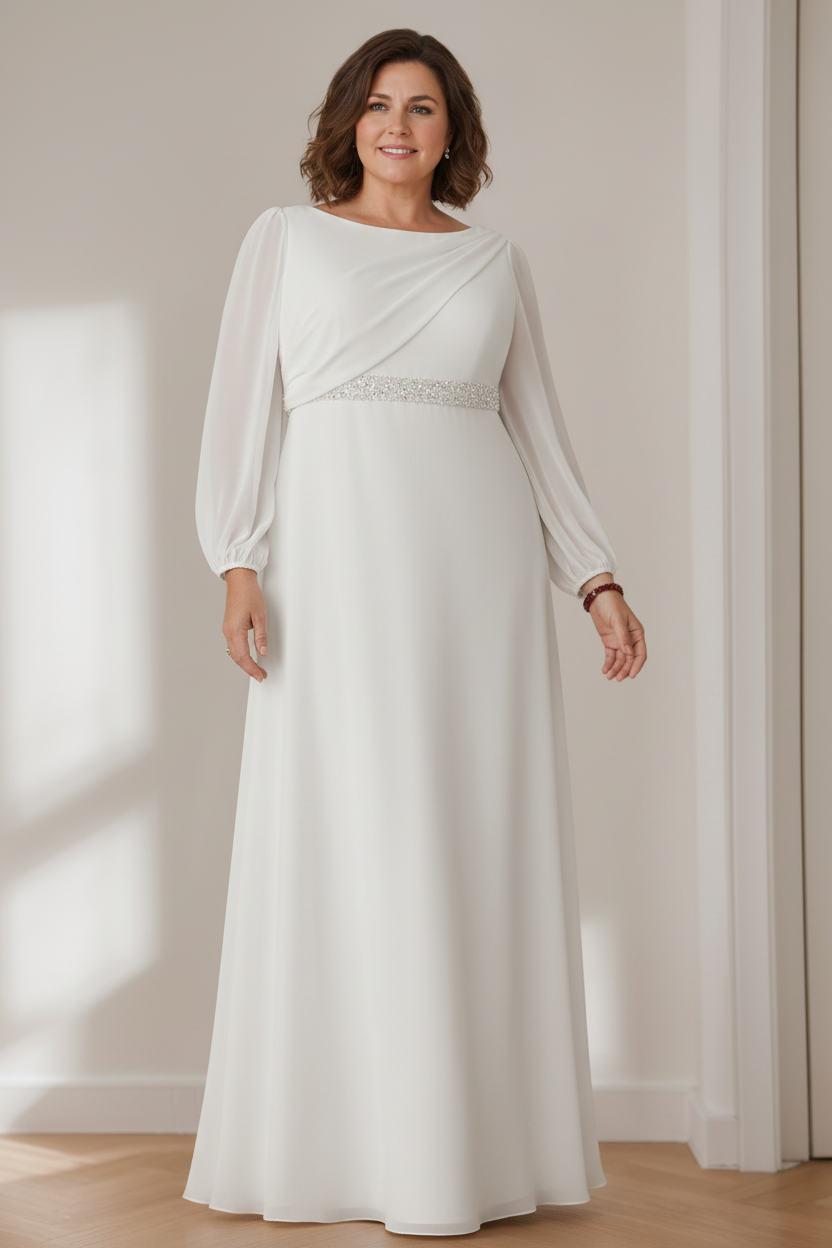 A-Line/Princess Scoop Long Sleeves Floor-Length Plus Size Mother of the Bride Dresses with Beaded, Pleated & Cascading Ruffles