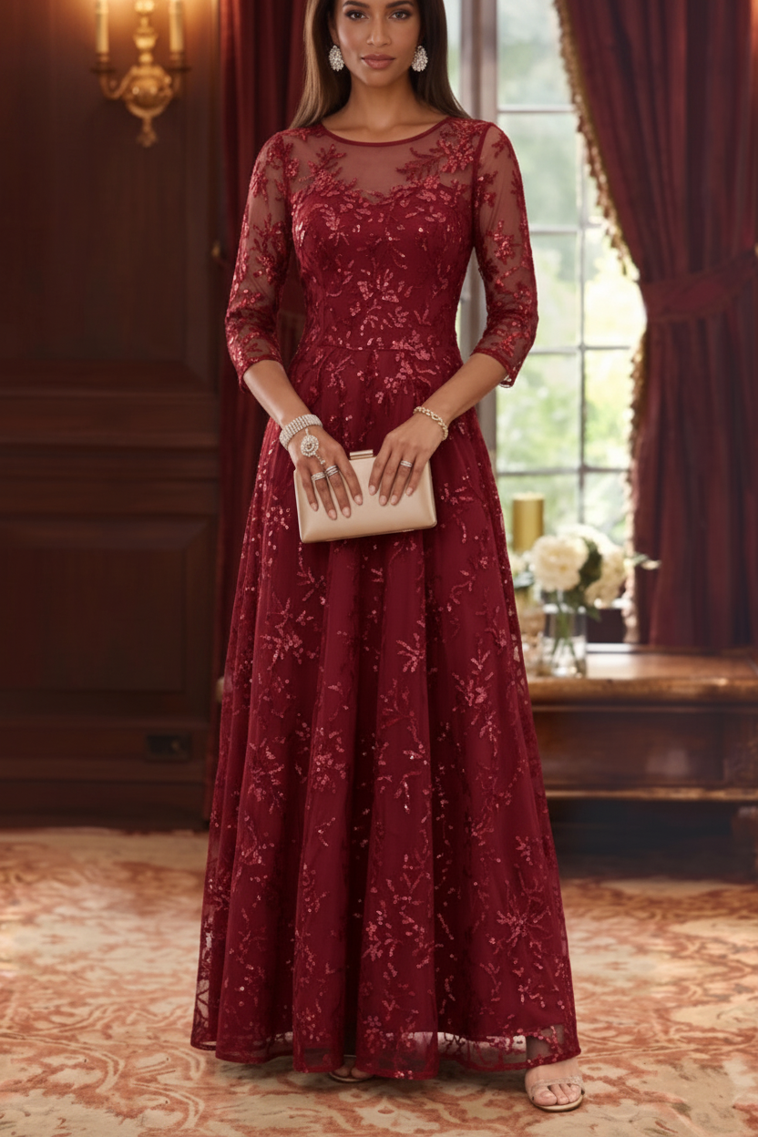 A-Line/Princess Scoop Mother of the Bride Dresses Lace Sequins 3/4 Sleeves Floor Length