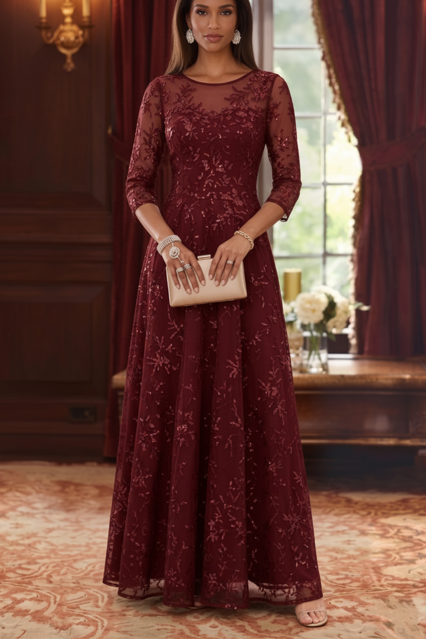 A-Line/Princess Scoop Mother of the Bride Dresses Lace Sequins 3/4 Sleeves Floor Length