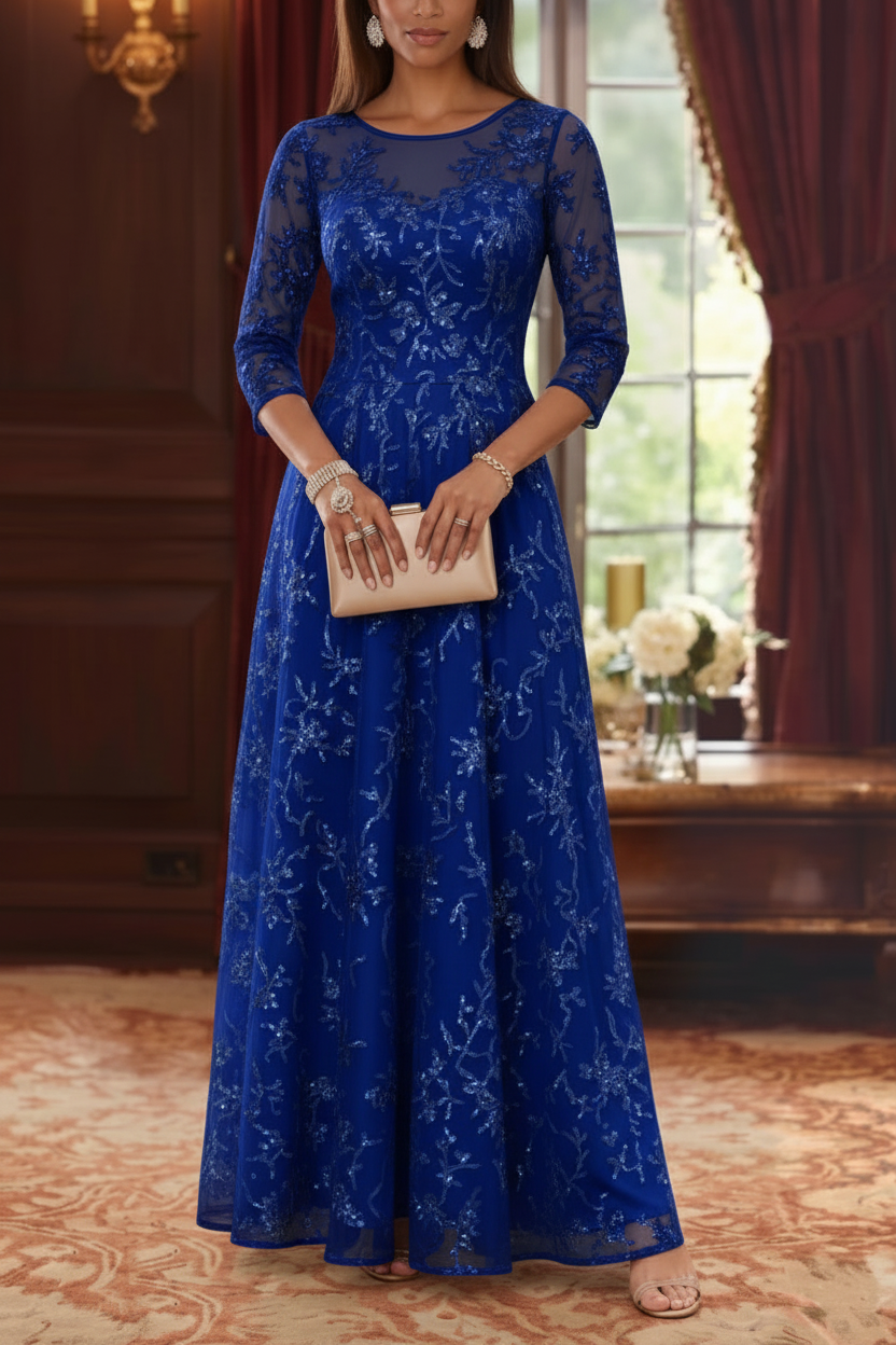A-Line/Princess Scoop Mother of the Bride Dresses Lace Sequins 3/4 Sleeves Floor Length