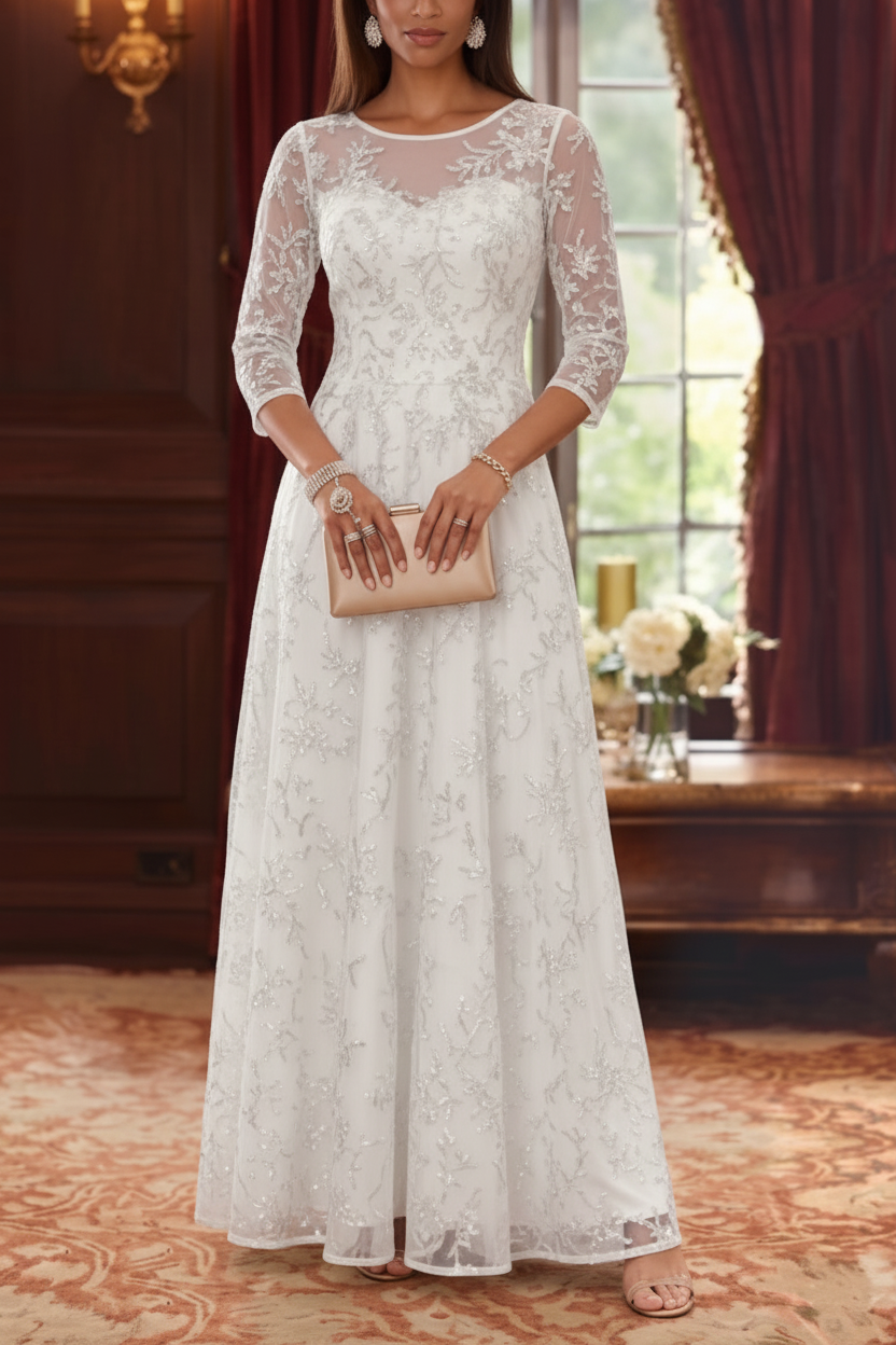 A-Line/Princess Scoop Mother of the Bride Dresses Lace Sequins 3/4 Sleeves Floor Length