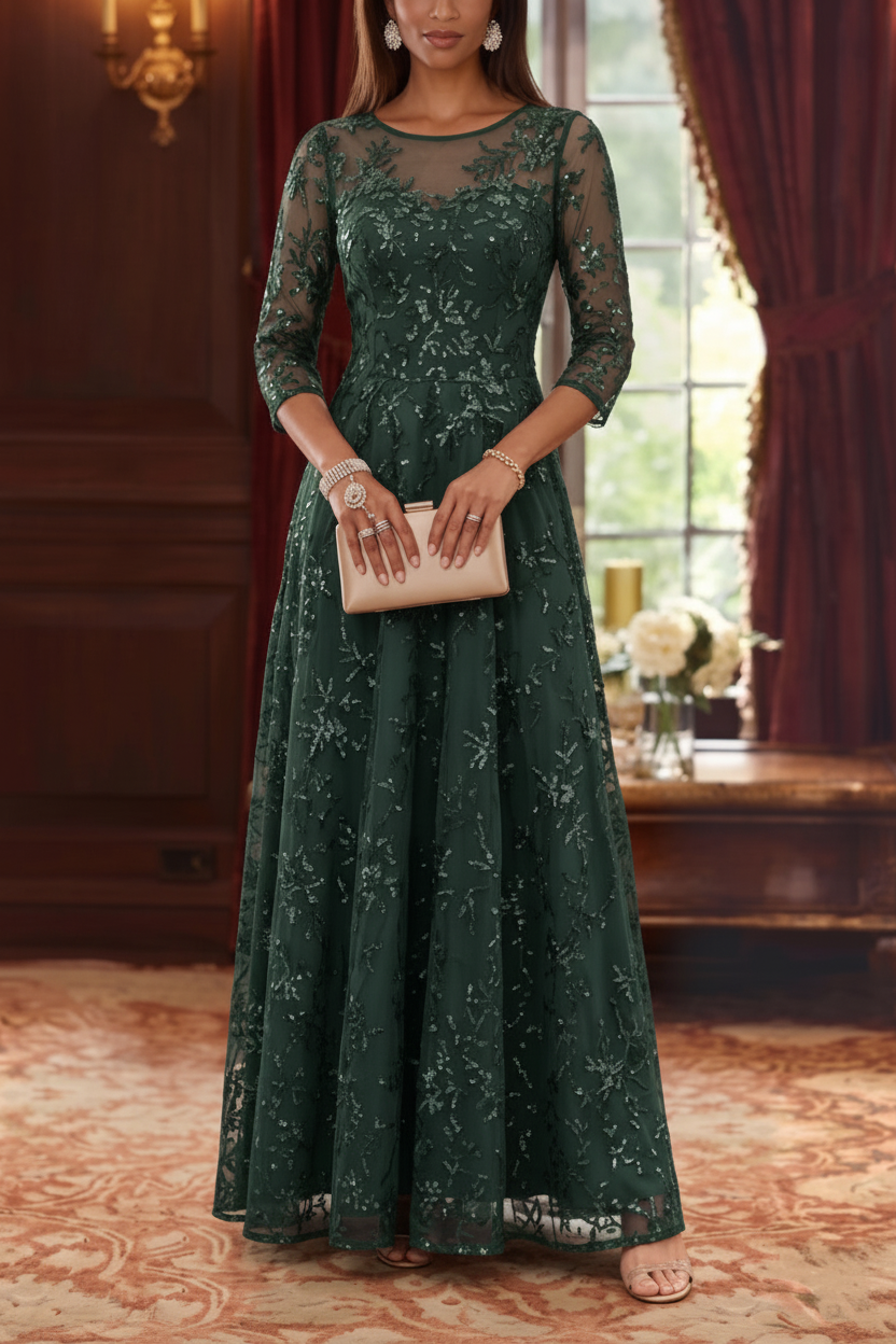 A-Line/Princess Scoop Mother of the Bride Dresses Lace Sequins 3/4 Sleeves Floor Length