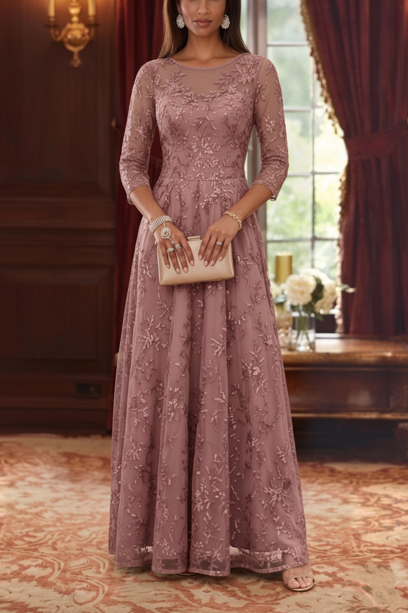 A-Line/Princess Scoop Mother of the Bride Dresses Lace Sequins 3/4 Sleeves Floor Length