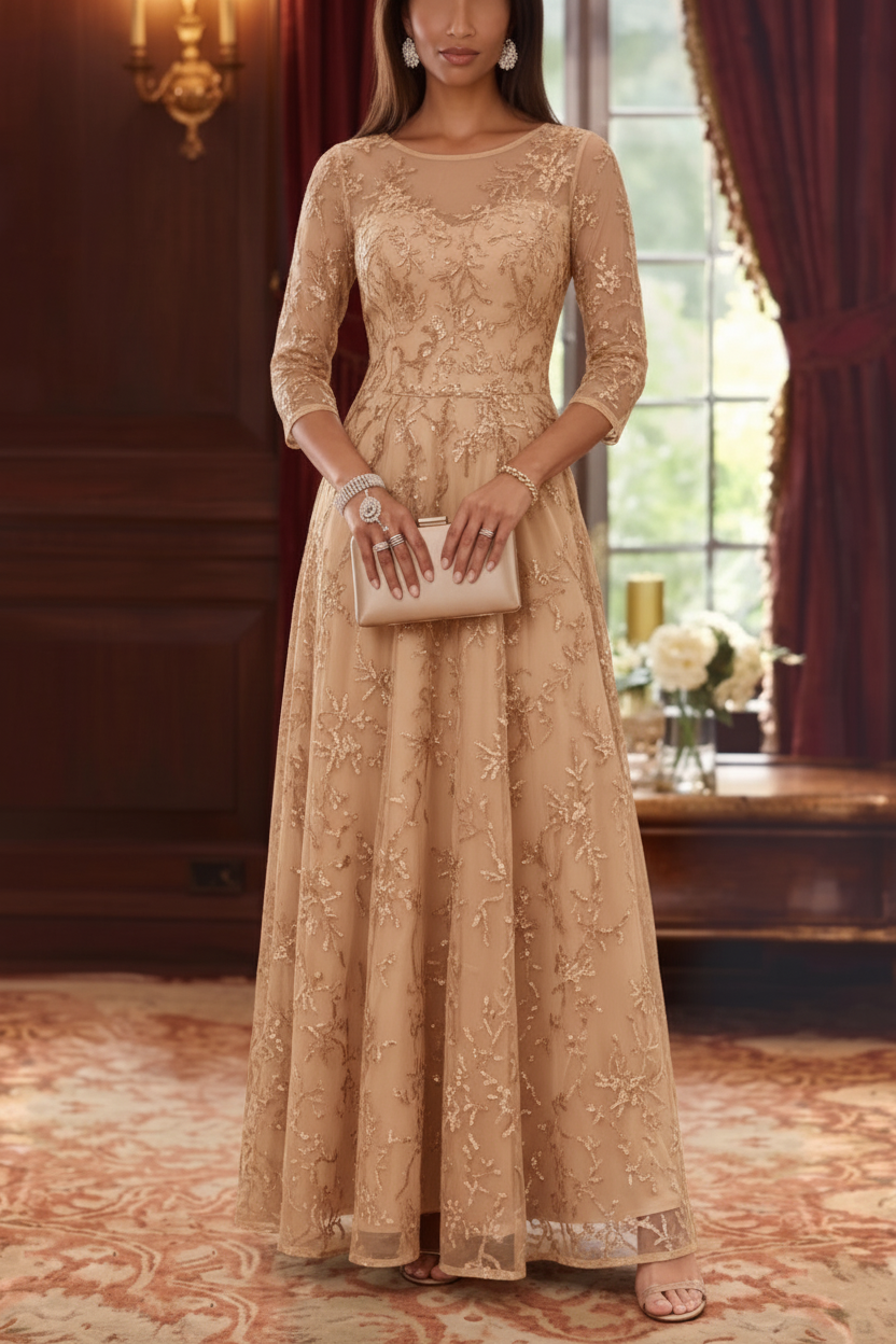 A-Line/Princess Scoop Mother of the Bride Dresses Lace Sequins 3/4 Sleeves Floor Length