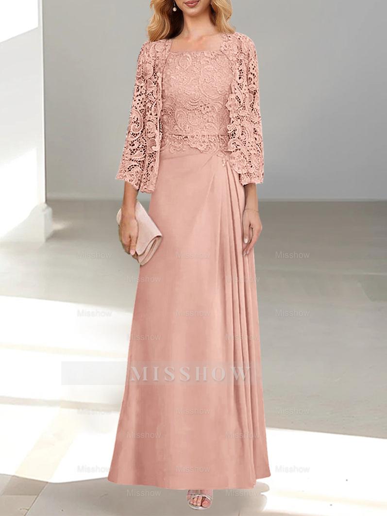 A-Line/Princess Scoop Mother of the Bride Dresses with Pleated & Lace Appliques Floor-Length