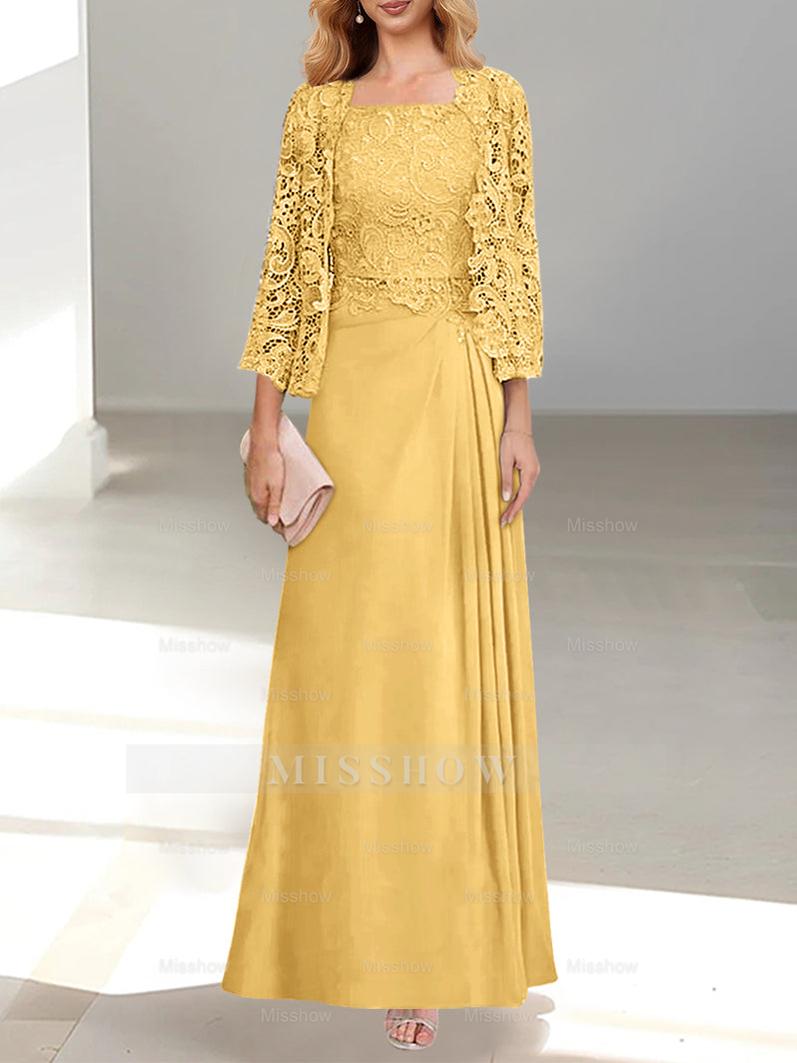 A-Line/Princess Scoop Mother of the Bride Dresses with Pleated & Lace Appliques Floor-Length