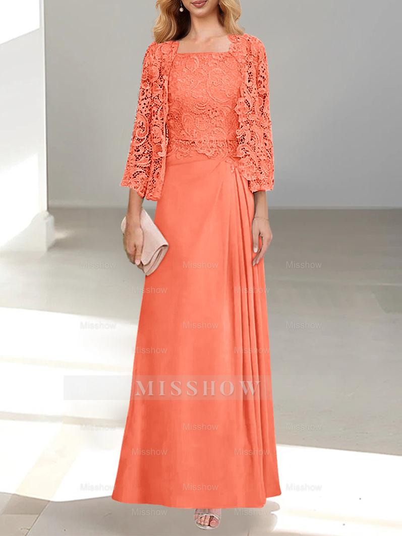 A-Line/Princess Scoop Mother of the Bride Dresses with Pleated & Lace Appliques Floor-Length
