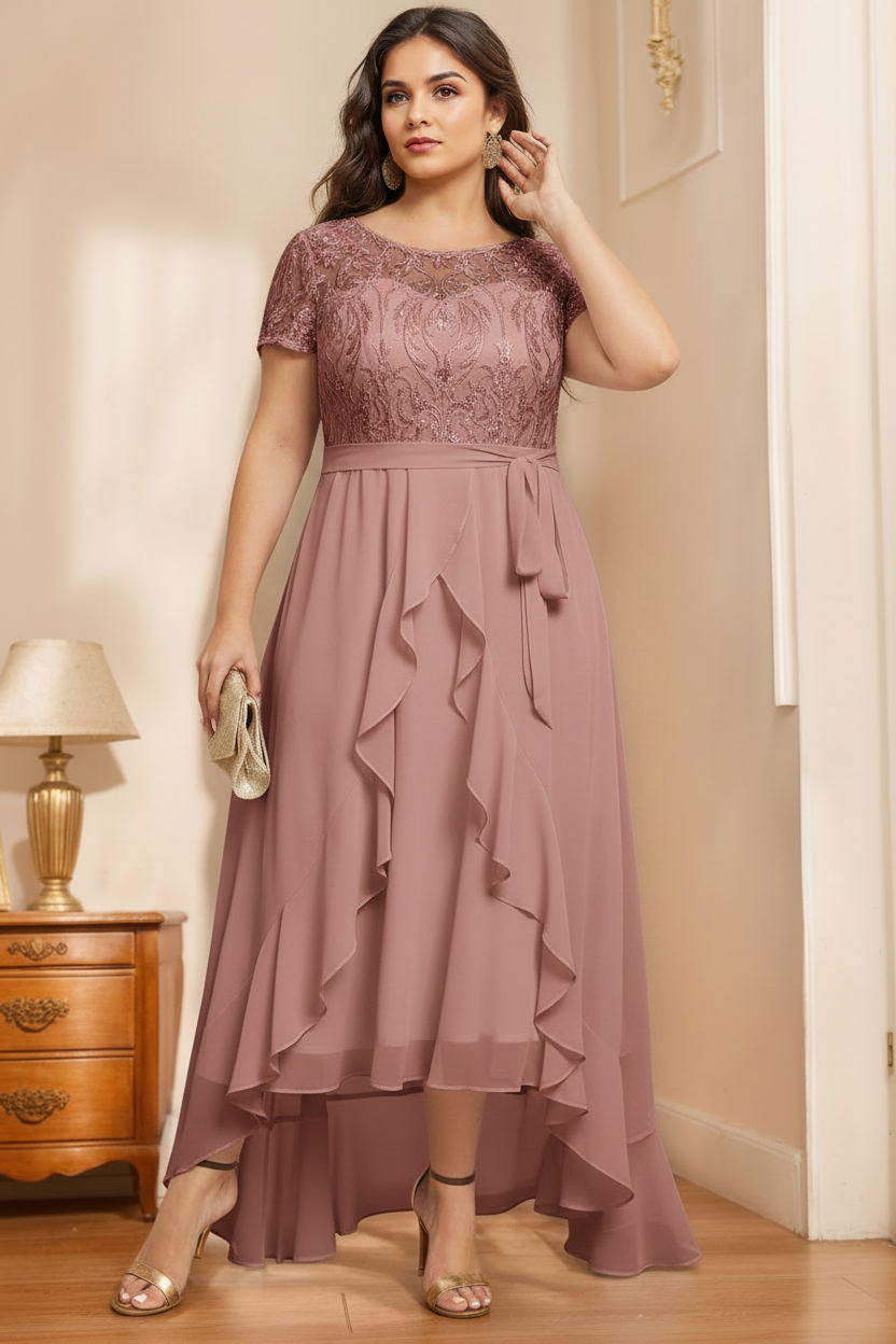 A-Line/Princess Scoop Neck Short Sleeves Asymmetrical Unique Plus Size Mother of the Bride Dresses with Bow, Ruffles & Sequins