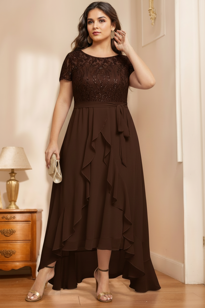 A-Line/Princess Scoop Neck Short Sleeves Asymmetrical Unique Plus Size Mother of the Bride Dresses with Bow, Ruffles & Sequins
