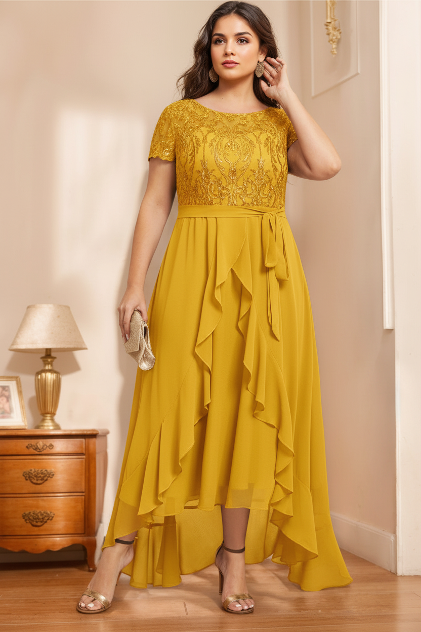 A-Line/Princess Scoop Neck Short Sleeves Asymmetrical Unique Plus Size Mother of the Bride Dresses with Bow, Ruffles & Sequins