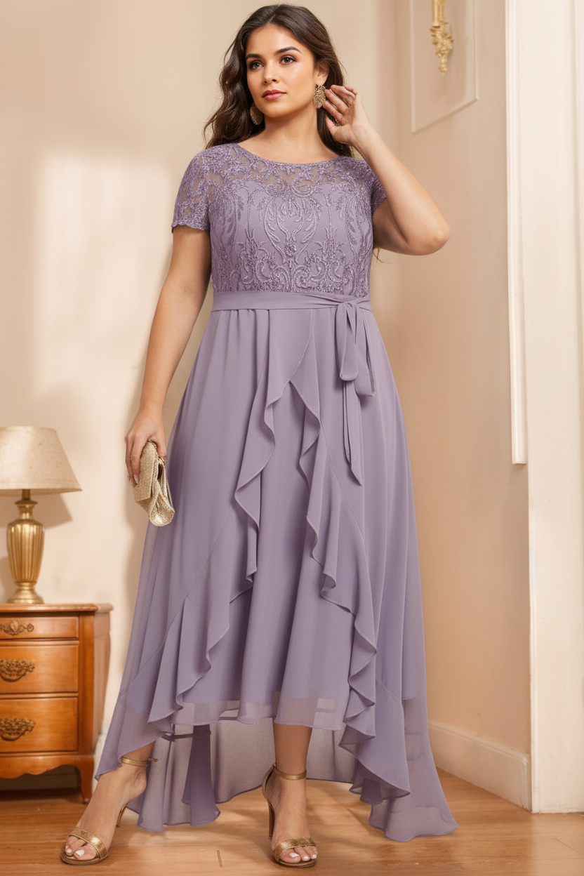 A-Line/Princess Scoop Neck Short Sleeves Asymmetrical Unique Plus Size Mother of the Bride Dresses with Bow, Ruffles & Sequins