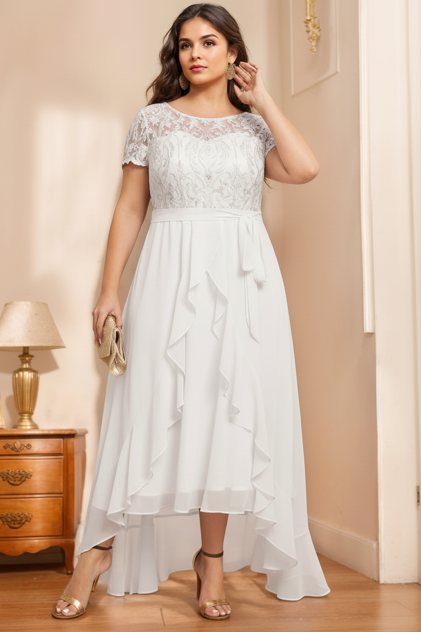 A-Line/Princess Scoop Neck Short Sleeves Asymmetrical Unique Plus Size Mother of the Bride Dresses with Bow, Ruffles & Sequins