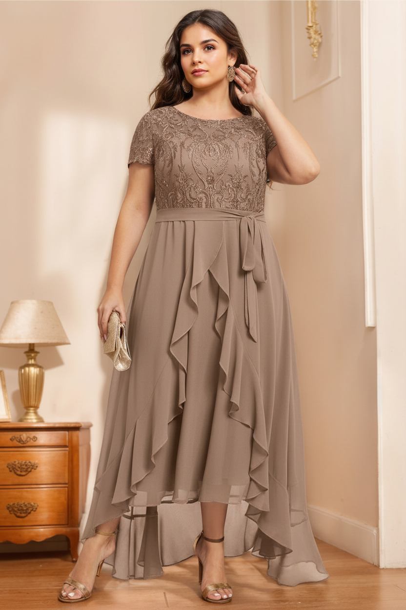 A-Line/Princess Scoop Neck Short Sleeves Asymmetrical Unique Plus Size Mother of the Bride Dresses with Bow, Ruffles & Sequins