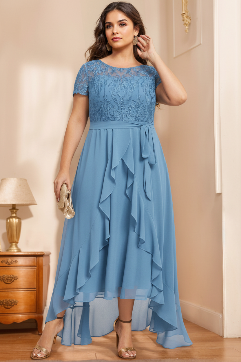 A-Line/Princess Scoop Neck Short Sleeves Asymmetrical Unique Plus Size Mother of the Bride Dresses with Bow, Ruffles & Sequins