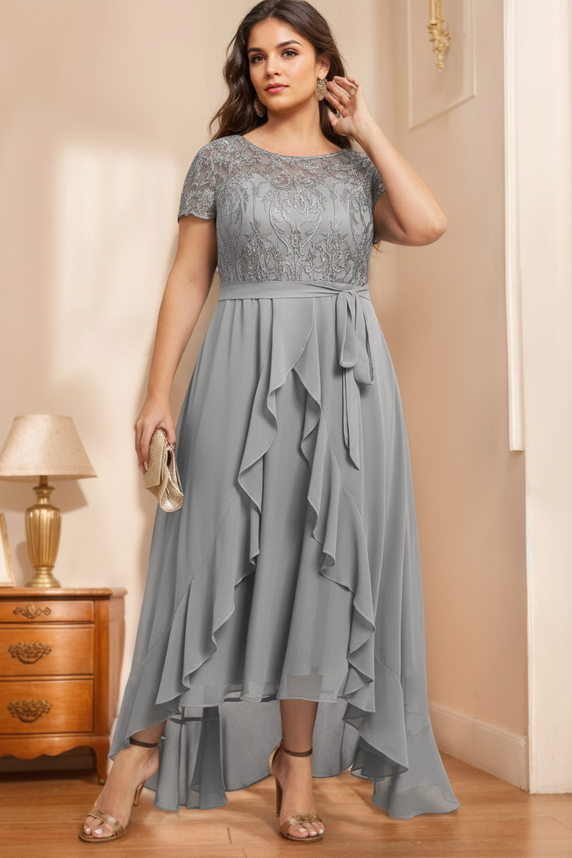 A-Line/Princess Scoop Neck Short Sleeves Asymmetrical Unique Plus Size Mother of the Bride Dresses with Bow, Ruffles & Sequins