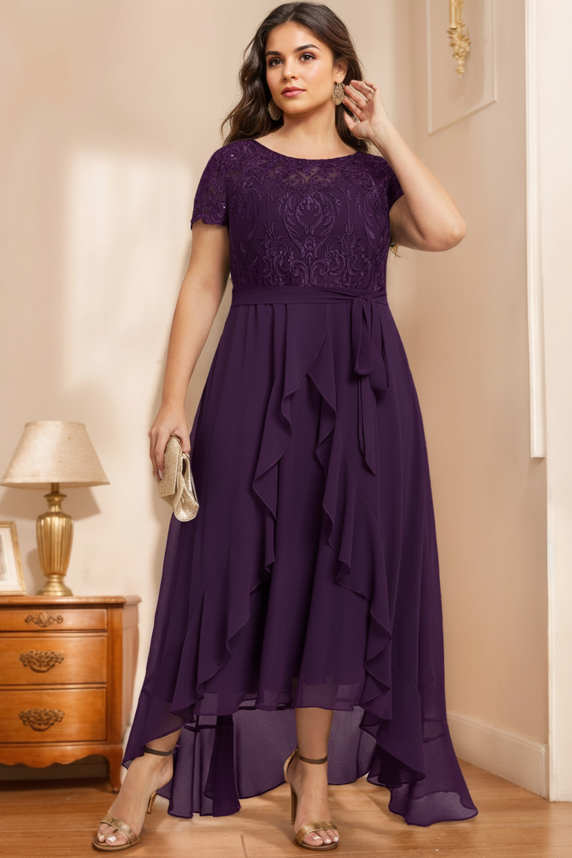 A-Line/Princess Scoop Neck Short Sleeves Asymmetrical Unique Plus Size Mother of the Bride Dresses with Bow, Ruffles & Sequins