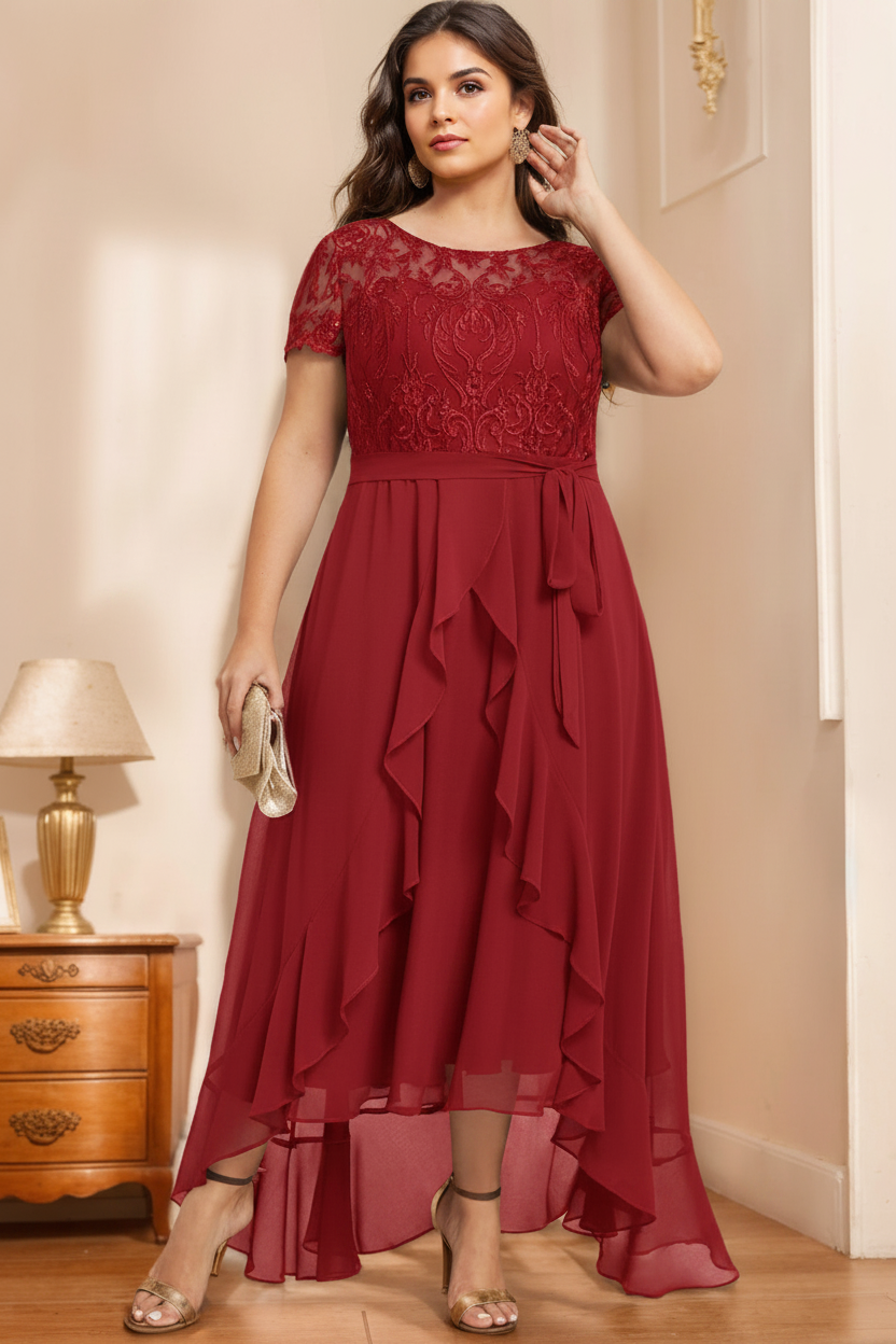 A-Line/Princess Scoop Neck Short Sleeves Asymmetrical Unique Plus Size Mother of the Bride Dresses with Bow, Ruffles & Sequins