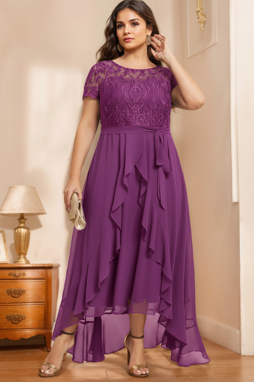 A-Line/Princess Scoop Neck Short Sleeves Asymmetrical Unique Plus Size Mother of the Bride Dresses with Bow, Ruffles & Sequins